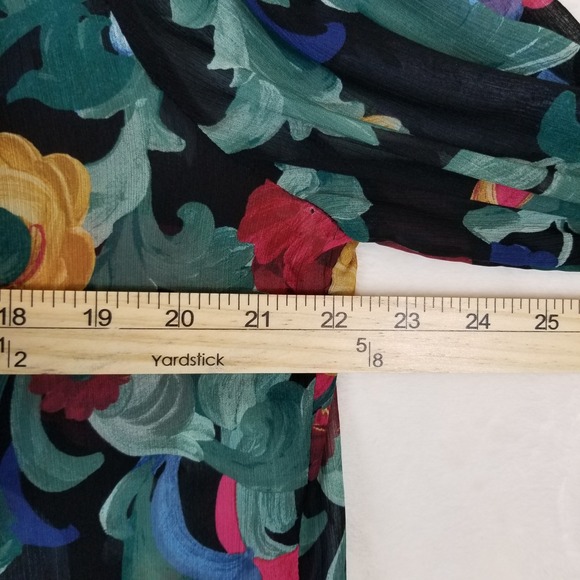 Chicos Floral Ruffle Chiffon Blouse Black Multi Color Smocked Cuff Size 2.5 14 - Picture 5 of 7